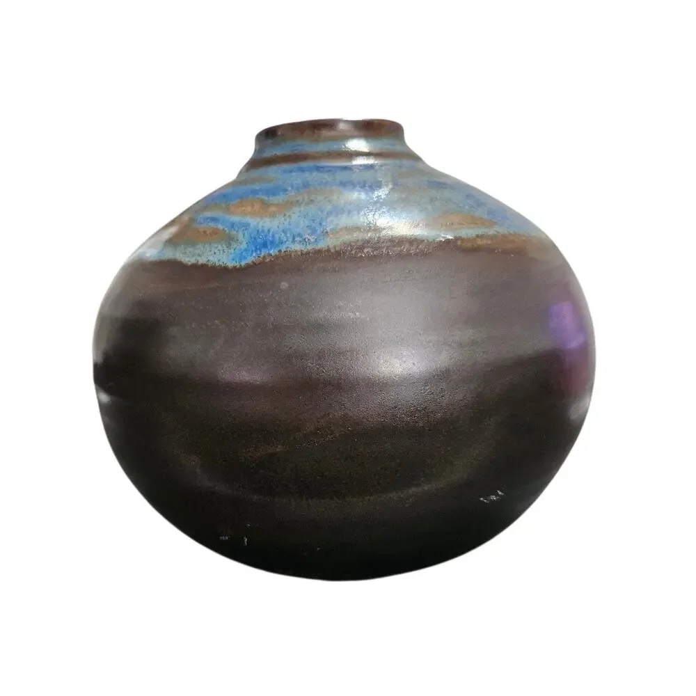 Studio Art Pottery Vase Black Blue Drip Glaze Signed Ceramic Vessel